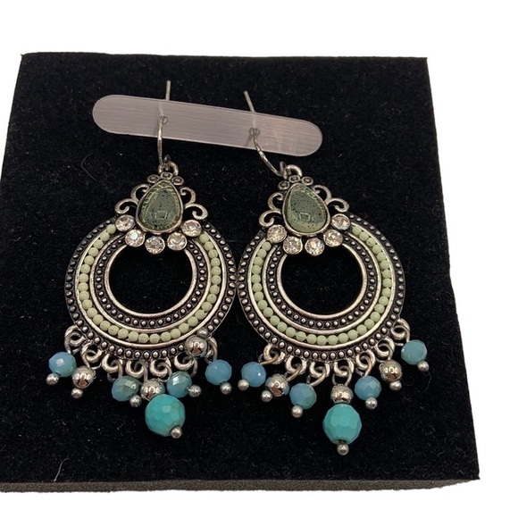 Silver Plated Boho Rhinestone Turquoise Earrings New with Box! - Picture 1 of 3